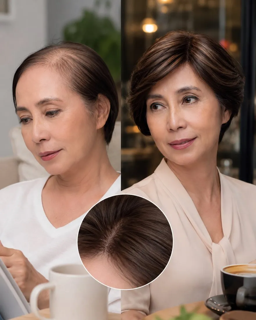 Before and after — brunette topper, fuller crown and parting