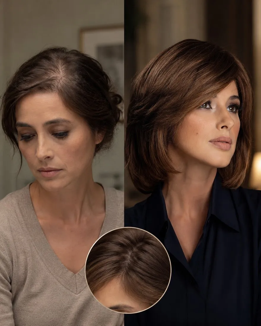 Before and after — chestnut bob topper giving a fuller parting