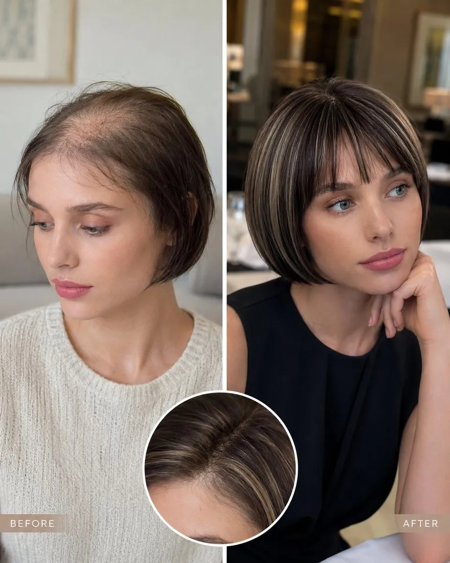 Before and after — soft brown topper giving natural crown coverage