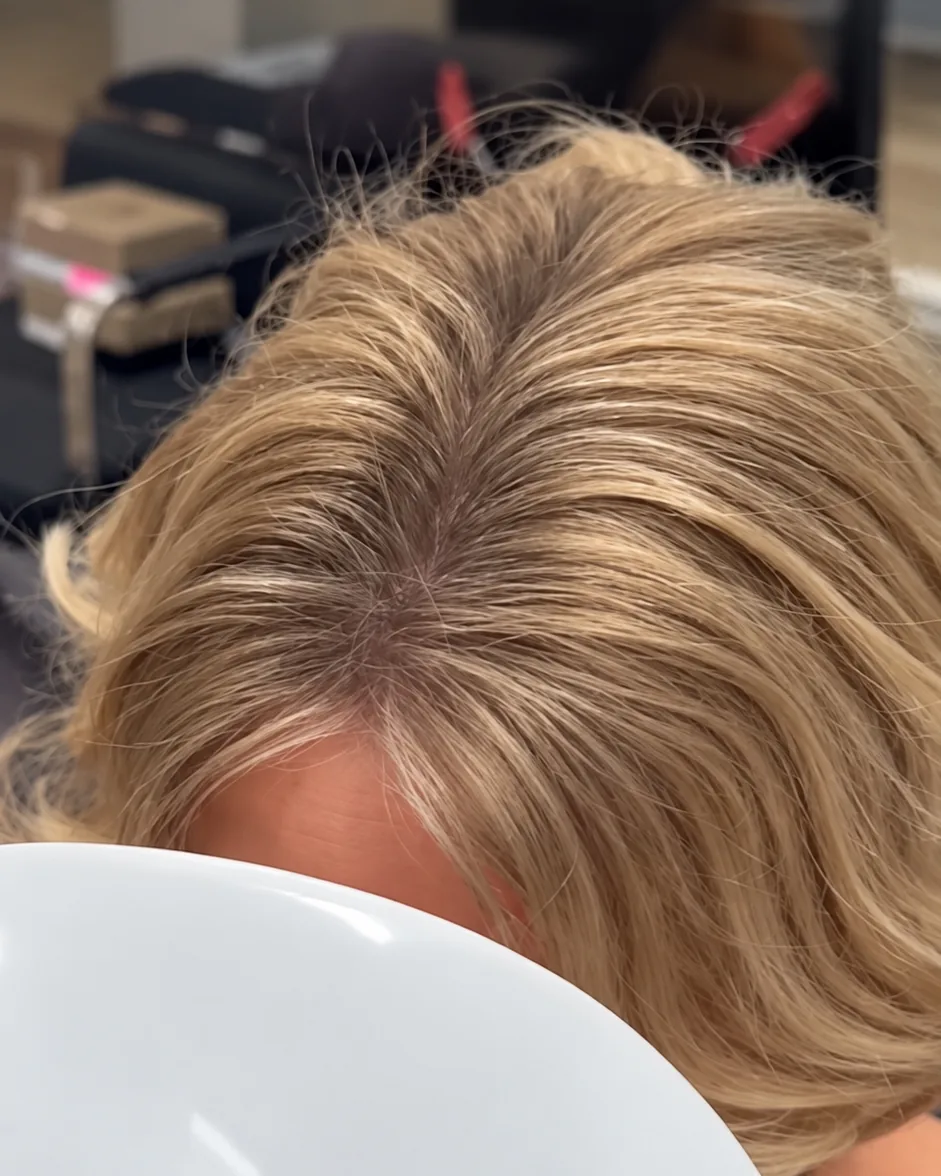 After — full, natural blonde parting with a colour-matched HEADS topper, seen from above