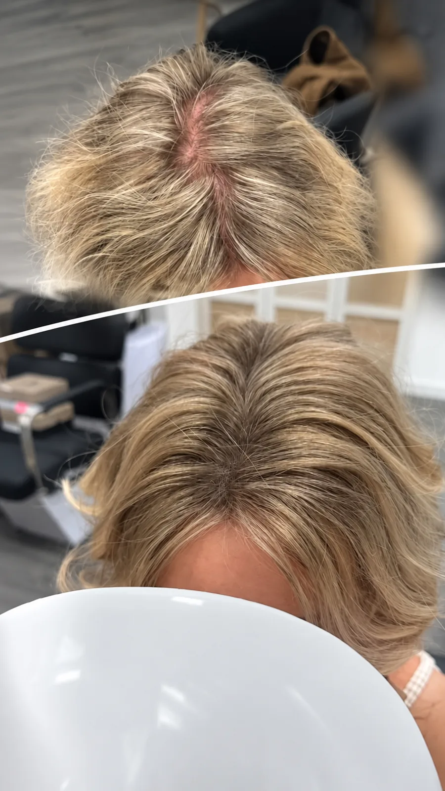 The same blonde parting photographed before and after a colour-matched HEADS topper, one image